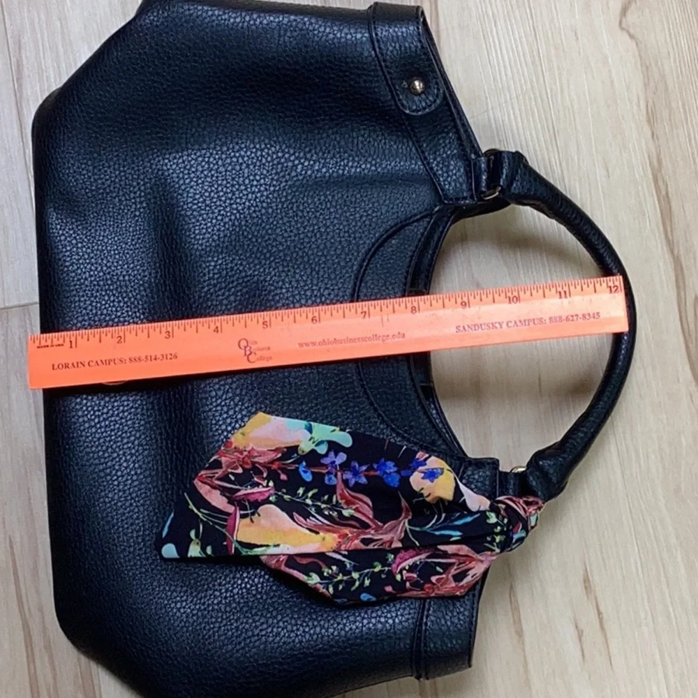 Anne Klein Elegant Pebbled Black Vegan Leather‎ Handbag With Floral Accent Scarf